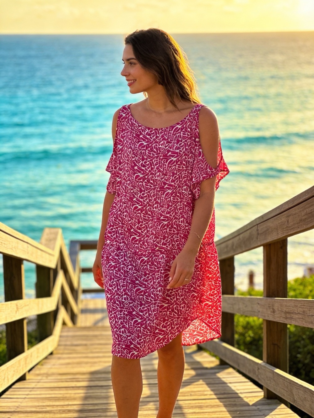 Vince Camuto Cold Shoulder Tropical Resort Dress XL Pink White